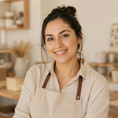 Retrato de la creadora de Pastelería Canina, sonriendo, con delantal, en un espacio tipo taller u obrador.