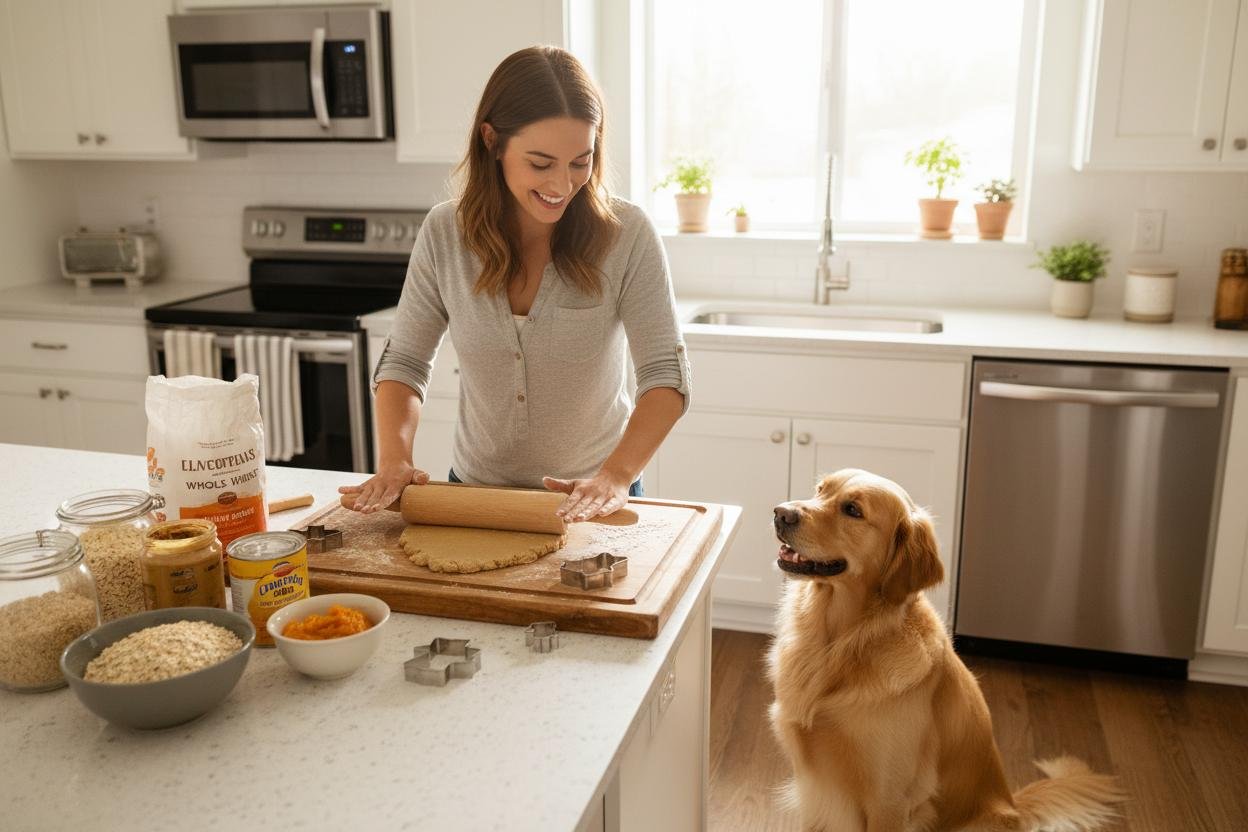 Mujer preparando galletas artesanales para perro en su cocina, con su perro golden retriever observando junto a la mesa.